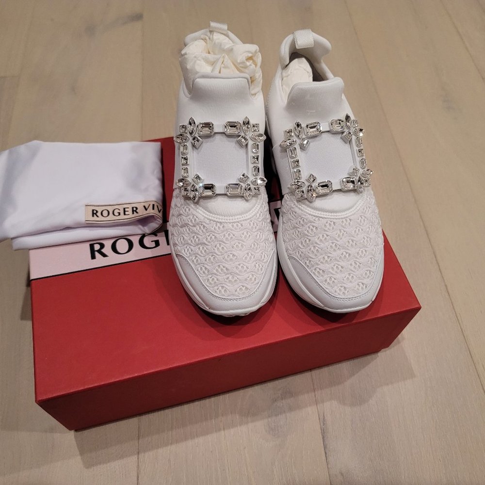 Roger Vivier White Viv Run Strass Buckle Sneakers Size 37